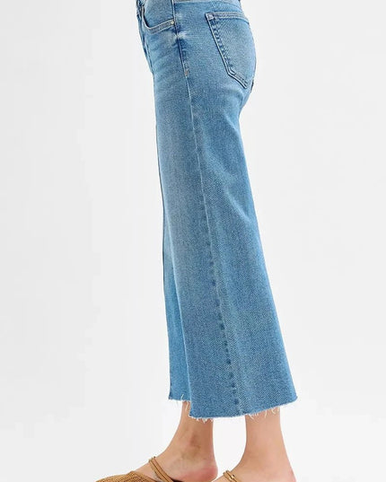 RISEN Tummy Control Mid Rise Crop Wide Front Slit Jeans - Trendsi