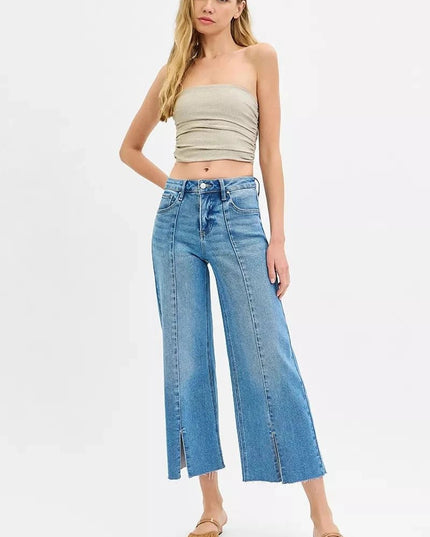 RISEN Tummy Control Mid Rise Crop Wide Front Slit Jeans - Trendsi