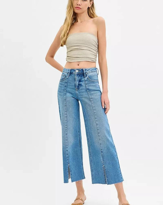 RISEN Tummy Control Mid Rise Crop Wide Front Slit Jeans - Trendsi