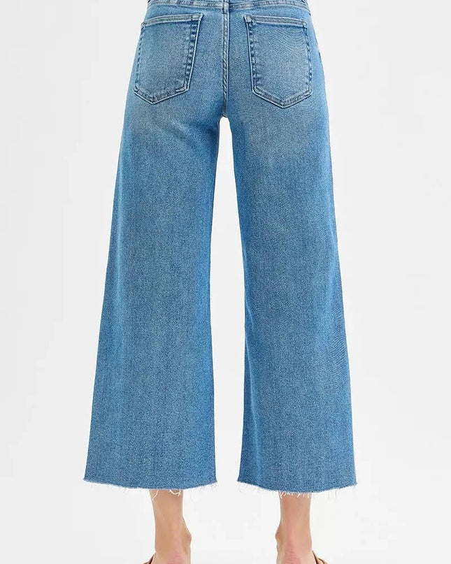 RISEN Tummy Control Mid Rise Crop Wide Front Slit Jeans - Trendsi