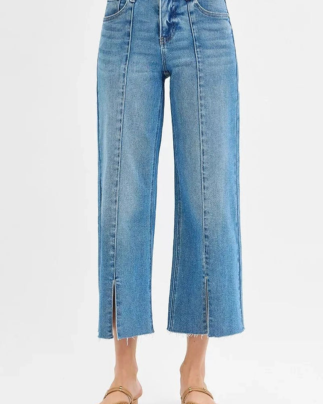 RISEN Tummy Control Mid Rise Crop Wide Front Slit Jeans - Trendsi