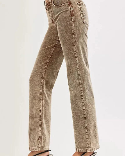 RISEN Tummy Control Mid Rise Straight Leg Corduroy Pants - Trendsi