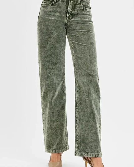 RISEN Tummy Control Mid Rise Straight Leg Corduroy Pants - Trendsi