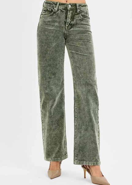 RISEN Tummy Control Mid Rise Straight Leg Corduroy Pants - Trendsi
