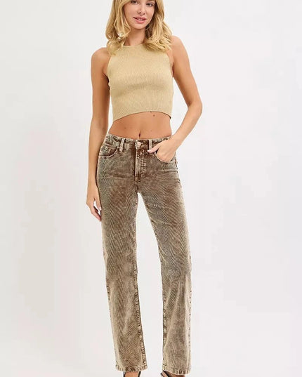 RISEN Tummy Control Mid Rise Straight Leg Corduroy Pants - Trendsi