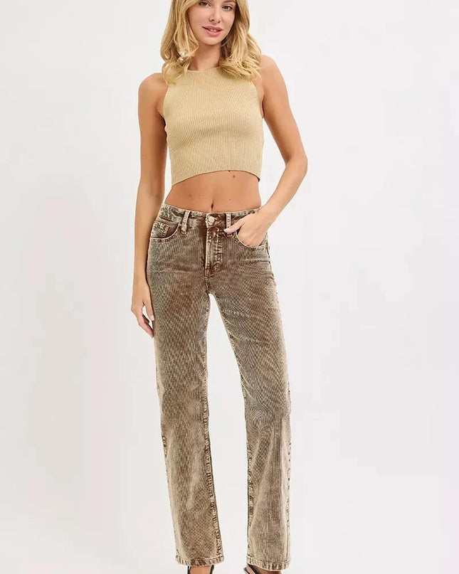 RISEN Tummy Control Mid Rise Straight Leg Corduroy Pants - Trendsi