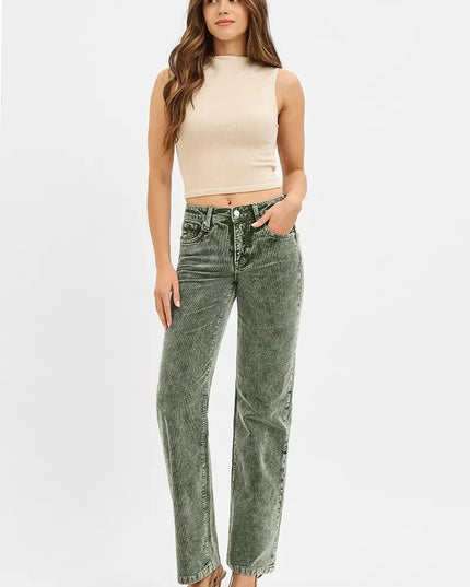 RISEN Tummy Control Mid Rise Straight Leg Corduroy Pants - Trendsi