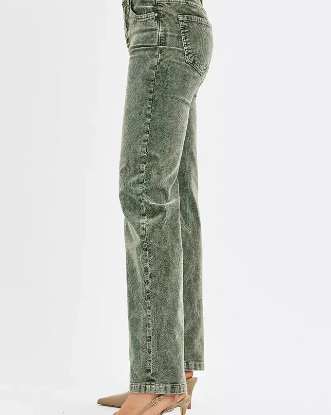 RISEN Tummy Control Mid Rise Straight Leg Corduroy Pants - Trendsi