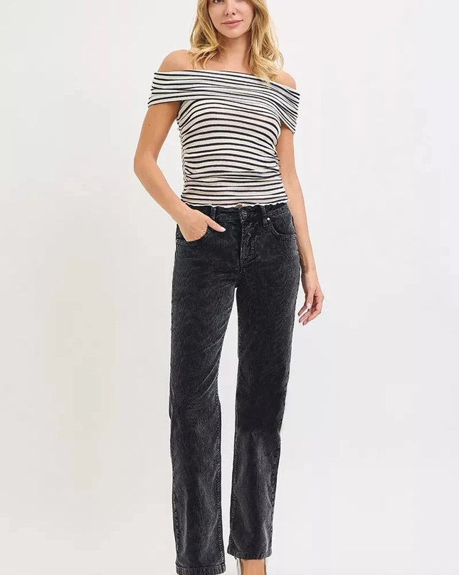 RISEN Tummy Control Mid Rise Straight Leg Corduroy Pants - Trendsi