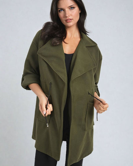 Roll Tab Sleeve Drawstring Waist Open Front Trench Coat Jacket - n/a - Moda