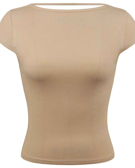 Round Neck Backless Short Sleeve Tee - Trendsi