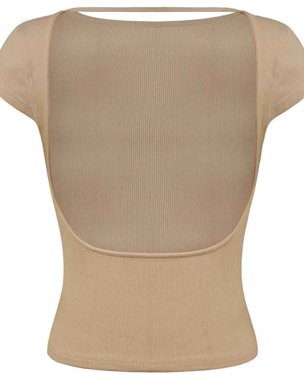 Round Neck Backless Short Sleeve Tee - Trendsi