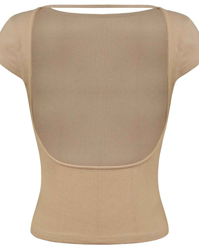 Round Neck Backless Short Sleeve Tee - Trendsi