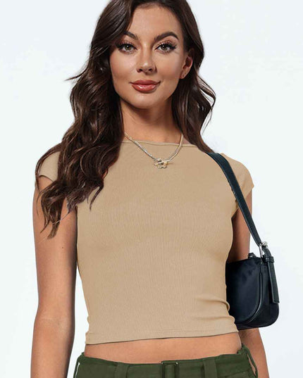 Round Neck Backless Short Sleeve Tee - Trendsi