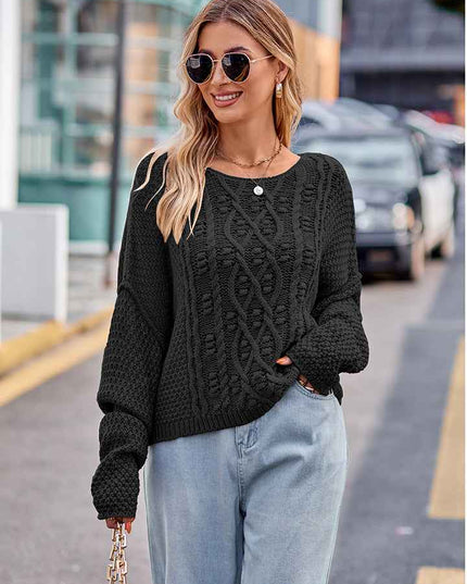 Round Neck Cable - Knit Sweater - Trendsi