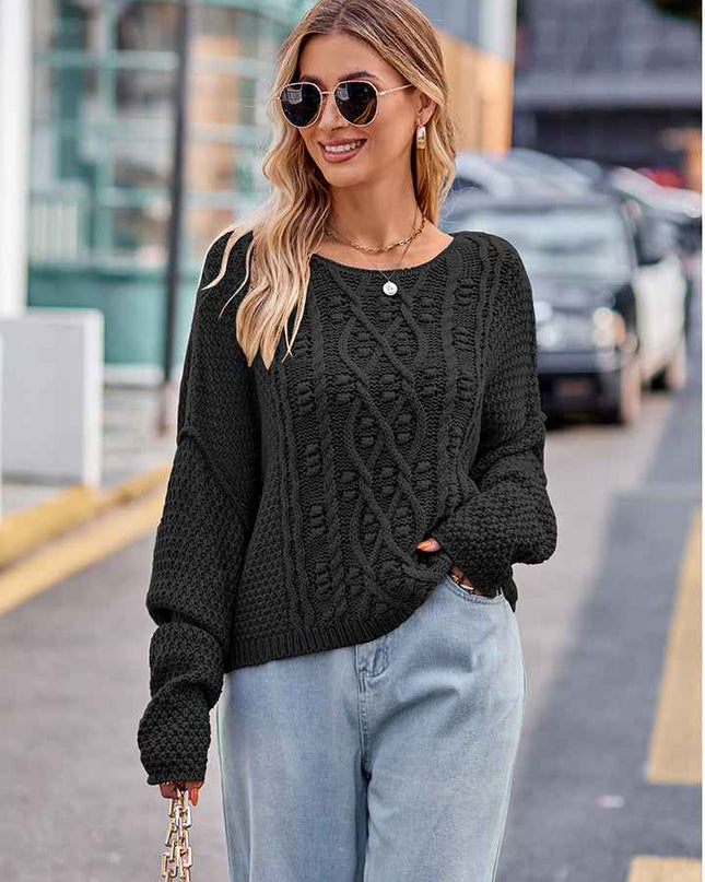 Round Neck Cable - Knit Sweater - Trendsi