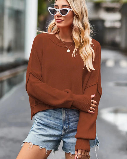 Round Neck Drop Shoulder Long Sleeve Sweater - Trendsi