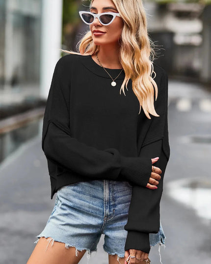 Round Neck Drop Shoulder Long Sleeve Sweater - Trendsi