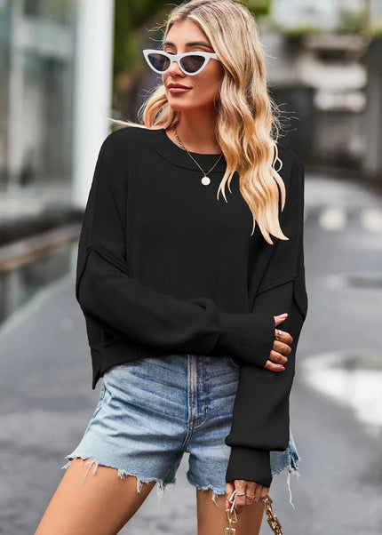 Round Neck Drop Shoulder Long Sleeve Sweater - Trendsi