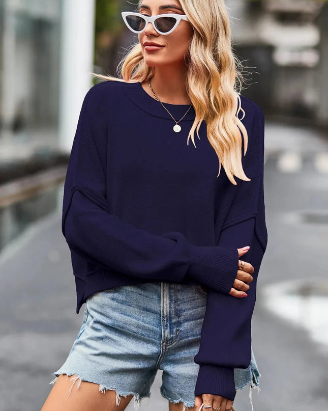 Round Neck Drop Shoulder Long Sleeve Sweater - Trendsi