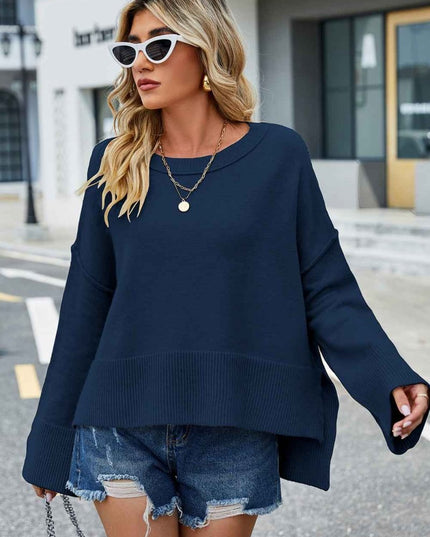 Round Neck Dropped Shoulder Slit Sweater - Trendsi