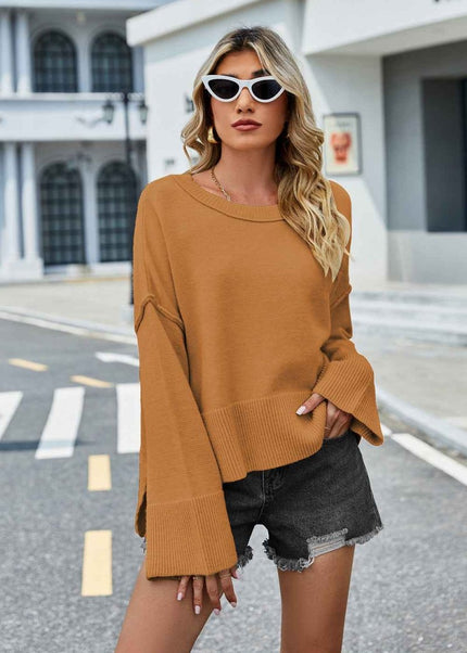 Round Neck Dropped Shoulder Slit Sweater - Trendsi