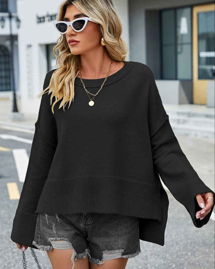Round Neck Dropped Shoulder Slit Sweater - Trendsi