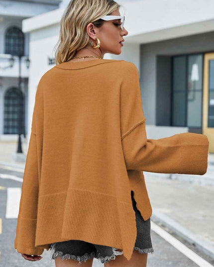 Round Neck Dropped Shoulder Slit Sweater - Trendsi