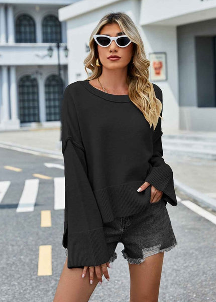 Round Neck Dropped Shoulder Slit Sweater - Trendsi