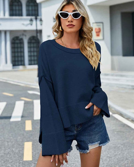Round Neck Dropped Shoulder Slit Sweater - Trendsi