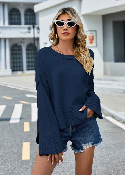 Round Neck Dropped Shoulder Slit Sweater - Trendsi