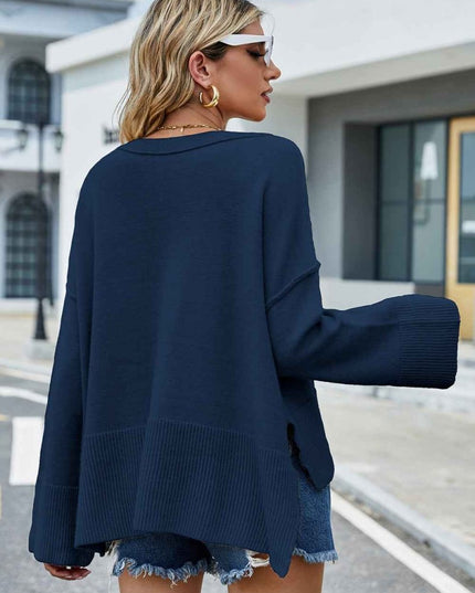 Round Neck Dropped Shoulder Slit Sweater - Trendsi