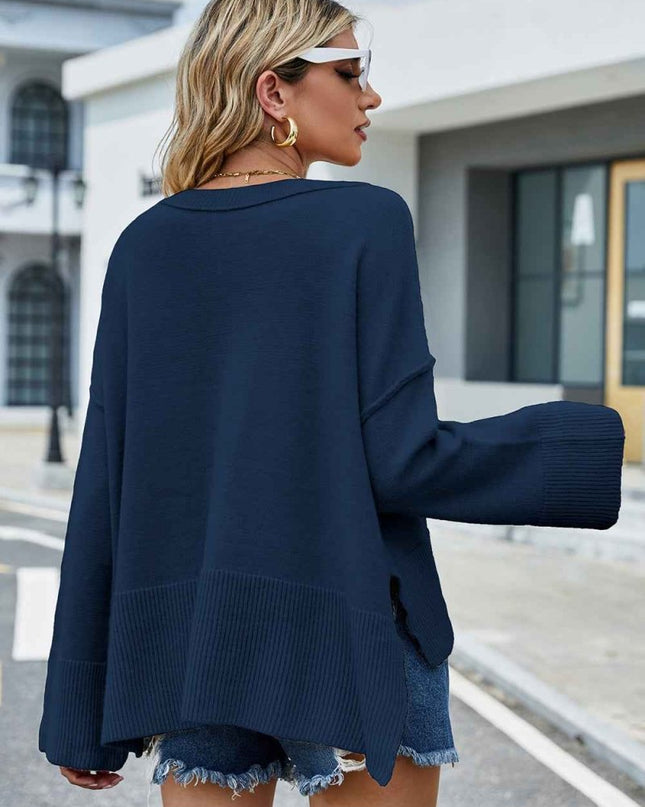 Round Neck Dropped Shoulder Slit Sweater - Trendsi