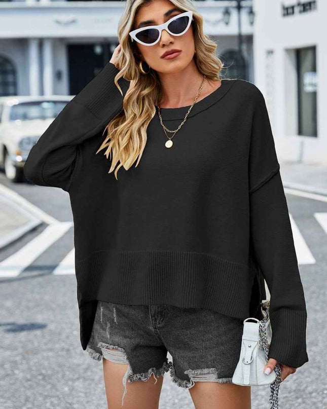 Round Neck Dropped Shoulder Slit Sweater - Trendsi