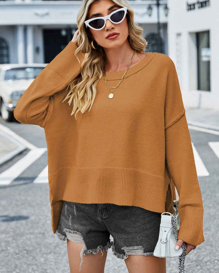 Round Neck Dropped Shoulder Slit Sweater - Trendsi