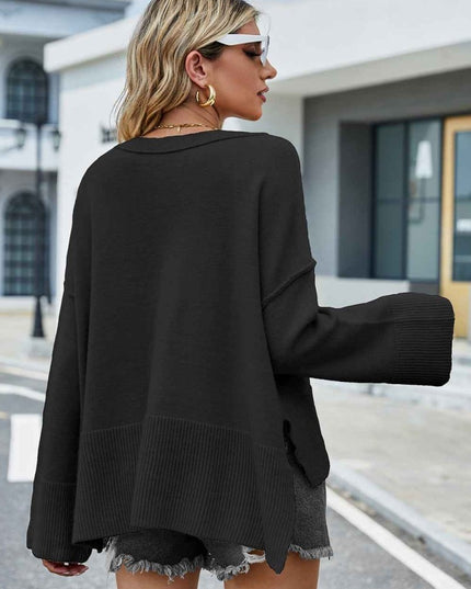 Round Neck Dropped Shoulder Slit Sweater - Trendsi
