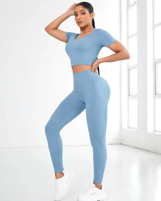 Round Neck Short Sleeve Top and Leggings Active Set - Trendsi