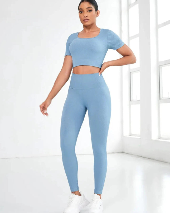 Round Neck Short Sleeve Top and Leggings Active Set - Trendsi