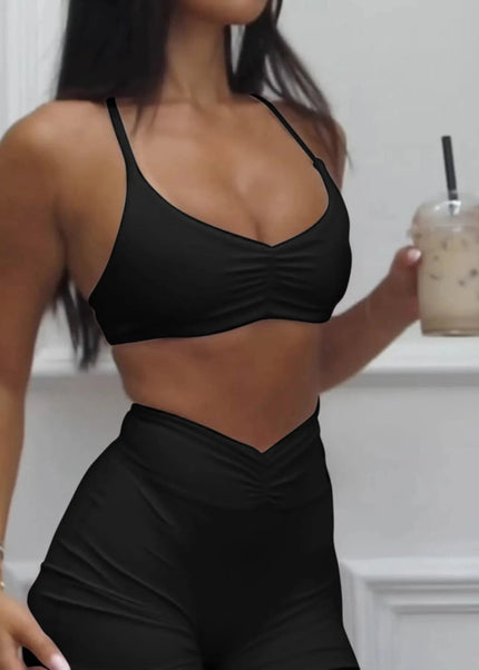 Ruched Sports Bra and High - Waisted Shorts Active Set - Trendsi