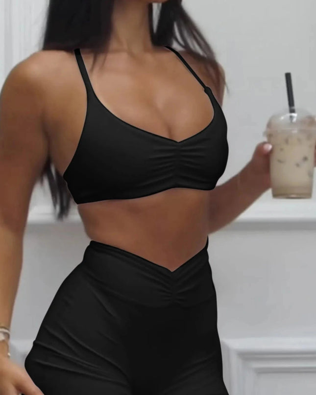 Ruched Sports Bra and High - Waisted Shorts Active Set - Trendsi