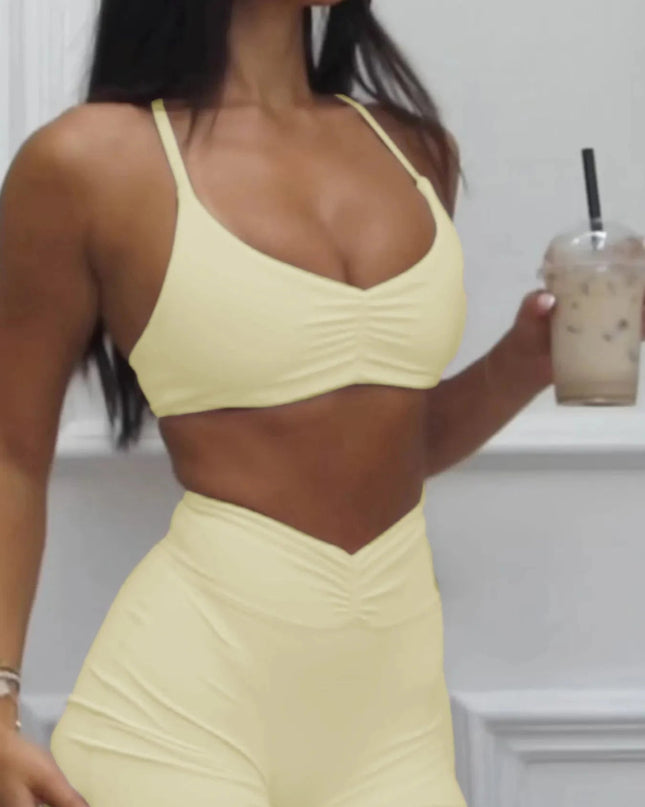 Ruched Sports Bra and High - Waisted Shorts Active Set - Trendsi