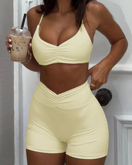 Ruched Sports Bra and High - Waisted Shorts Active Set - Trendsi
