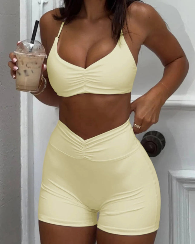 Ruched Sports Bra and High - Waisted Shorts Active Set - Trendsi