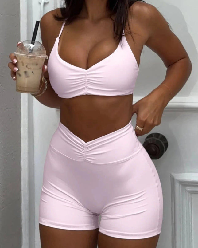 Ruched Sports Bra and High - Waisted Shorts Active Set - Trendsi