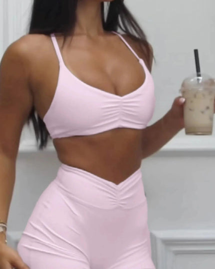 Ruched Sports Bra and High - Waisted Shorts Active Set - Trendsi