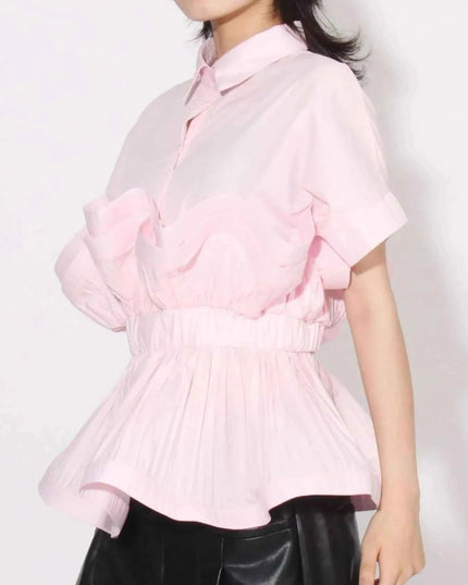 Ruffle Peplum Button - Down Shirt - Trendsi