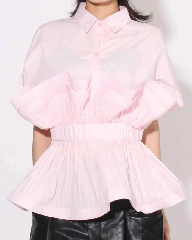 Ruffle Peplum Button - Down Shirt - Trendsi