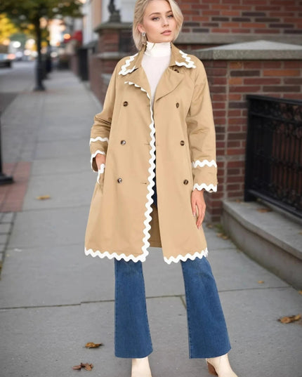 Scalloped Trim Long Sleeve Trench Coat - Trendsi