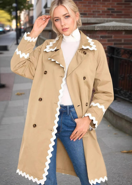 Scalloped Trim Long Sleeve Trench Coat - Trendsi