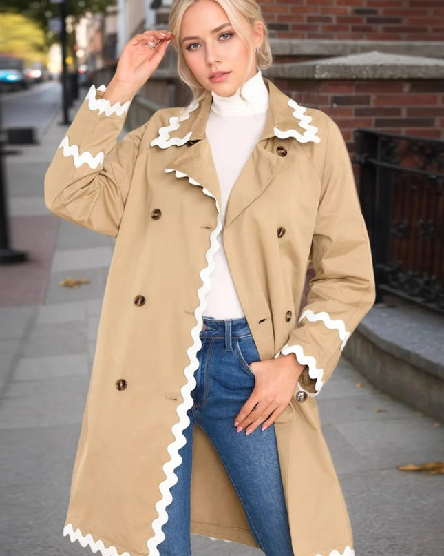 Scalloped Trim Long Sleeve Trench Coat - Trendsi